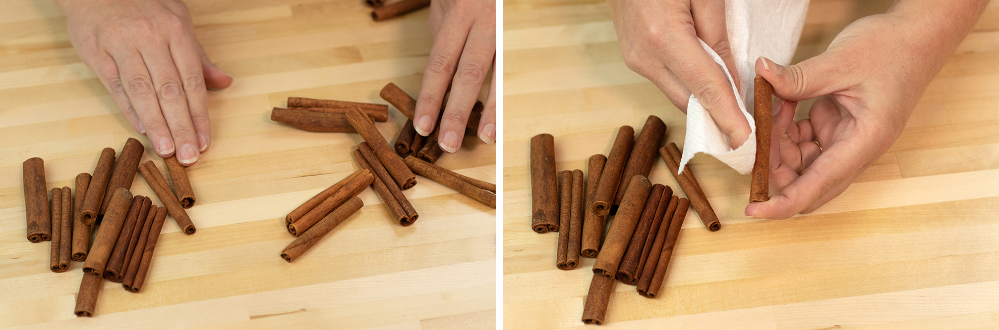 Prepping cinnamon sticks for creating a silicone mold.